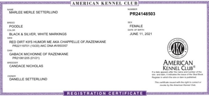 Marlee's AKC Registration